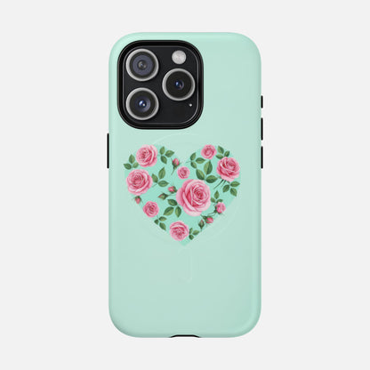 Floral Heart & Mint Rose iPhone Case — Tough Magnetic | MagSafe Compatible