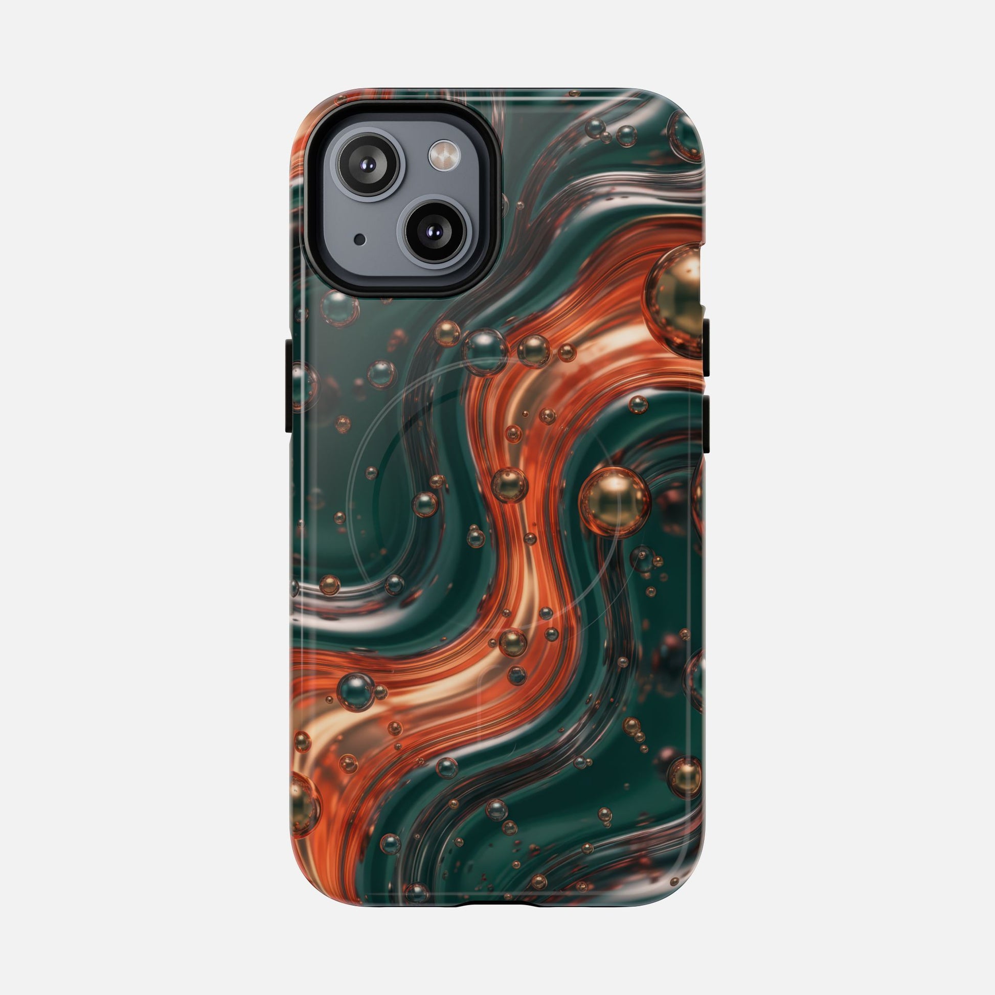 Magnetic Phone Case — Emerald & Copper Liquid Swirl Protective Cover iPhone 14 Glossy Phone Case
