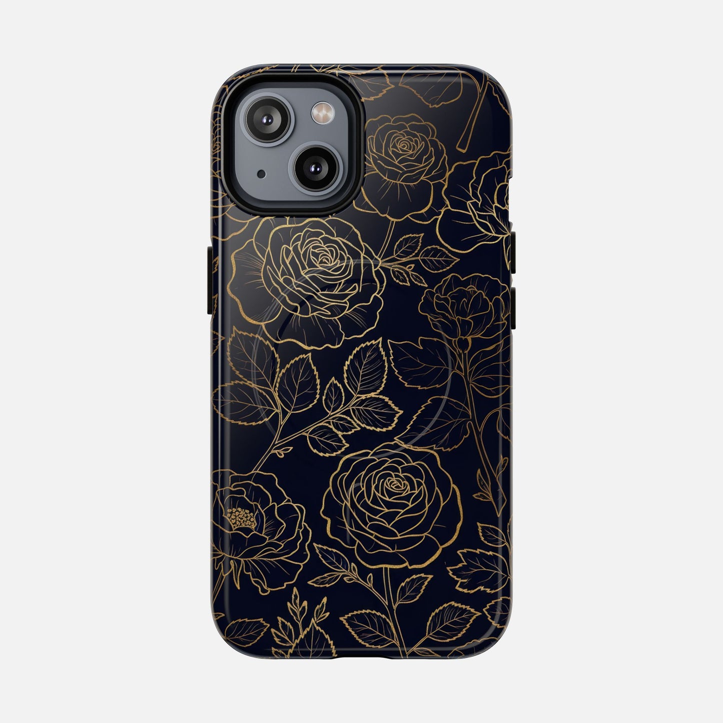 Floral Gold Outline Tough Magnetic Case — Elegant Black Rose Phone Cover iPhone 14 Glossy Phone Case