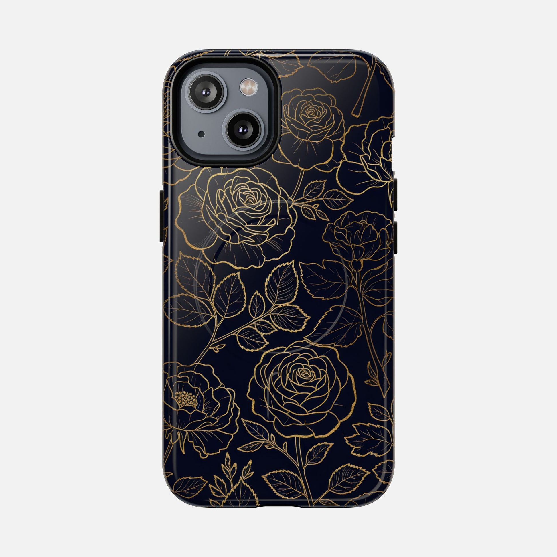 Floral Gold Outline Tough Magnetic Case — Elegant Black Rose Phone Cover iPhone 14 Glossy Phone Case