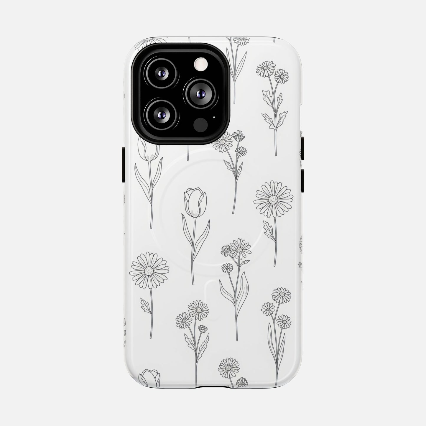 Floral Sketch Minimal Black Line Flower Design iPhone Case — Tough Magnetic | MagSafe Compatible