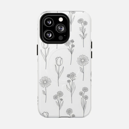 Floral Sketch Minimal Black Line Flower Design iPhone Case — Tough Magnetic | MagSafe Compatible