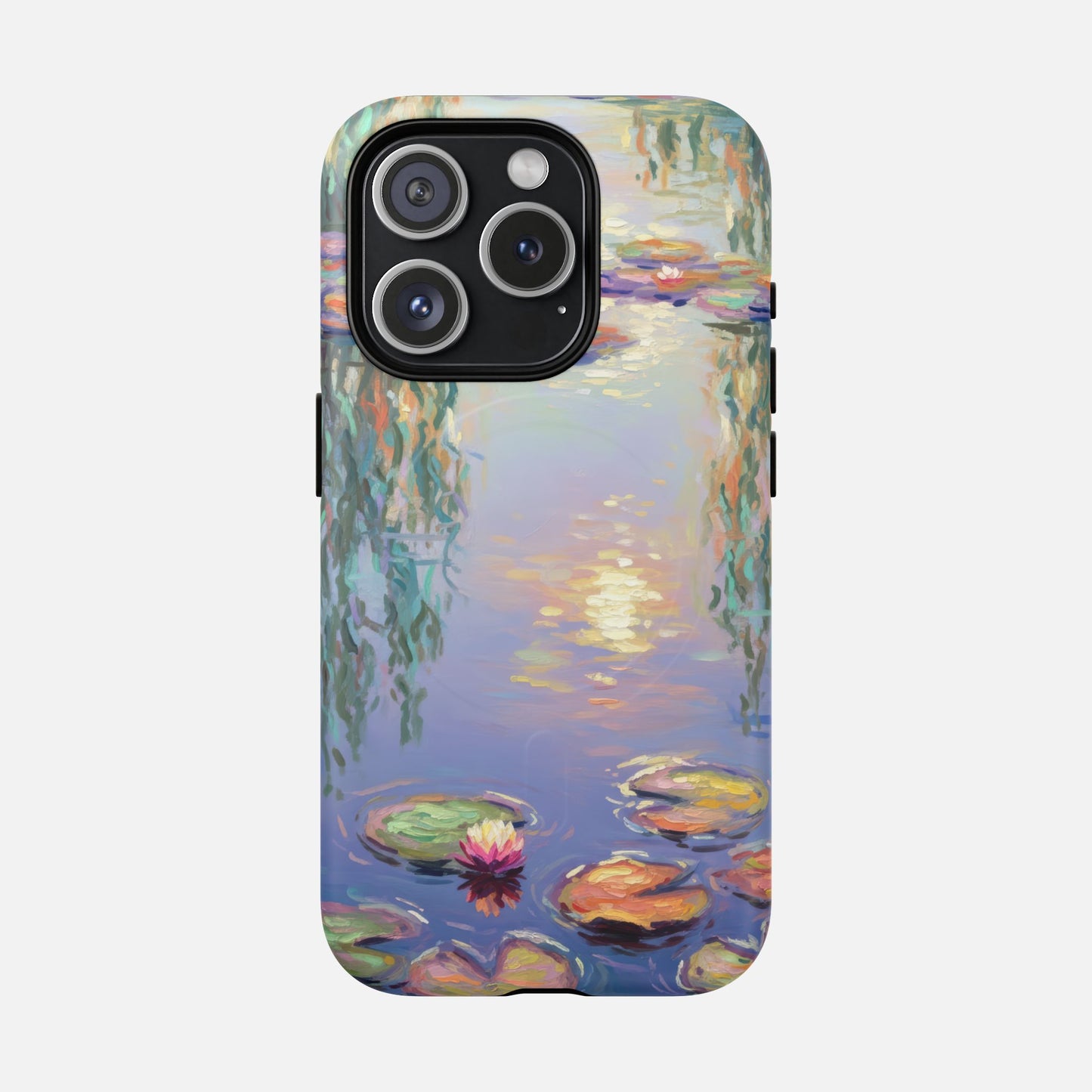 iPhone case with Monet-style water lily pond painting, artistic design for phone protection