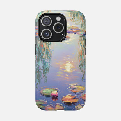 iPhone case with Monet-style water lily pond painting, artistic design for phone protection