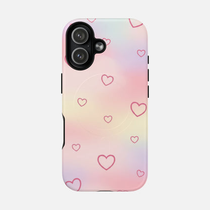 Pastel gradient phone case with pink heart outlines, modern design for iPhone protection