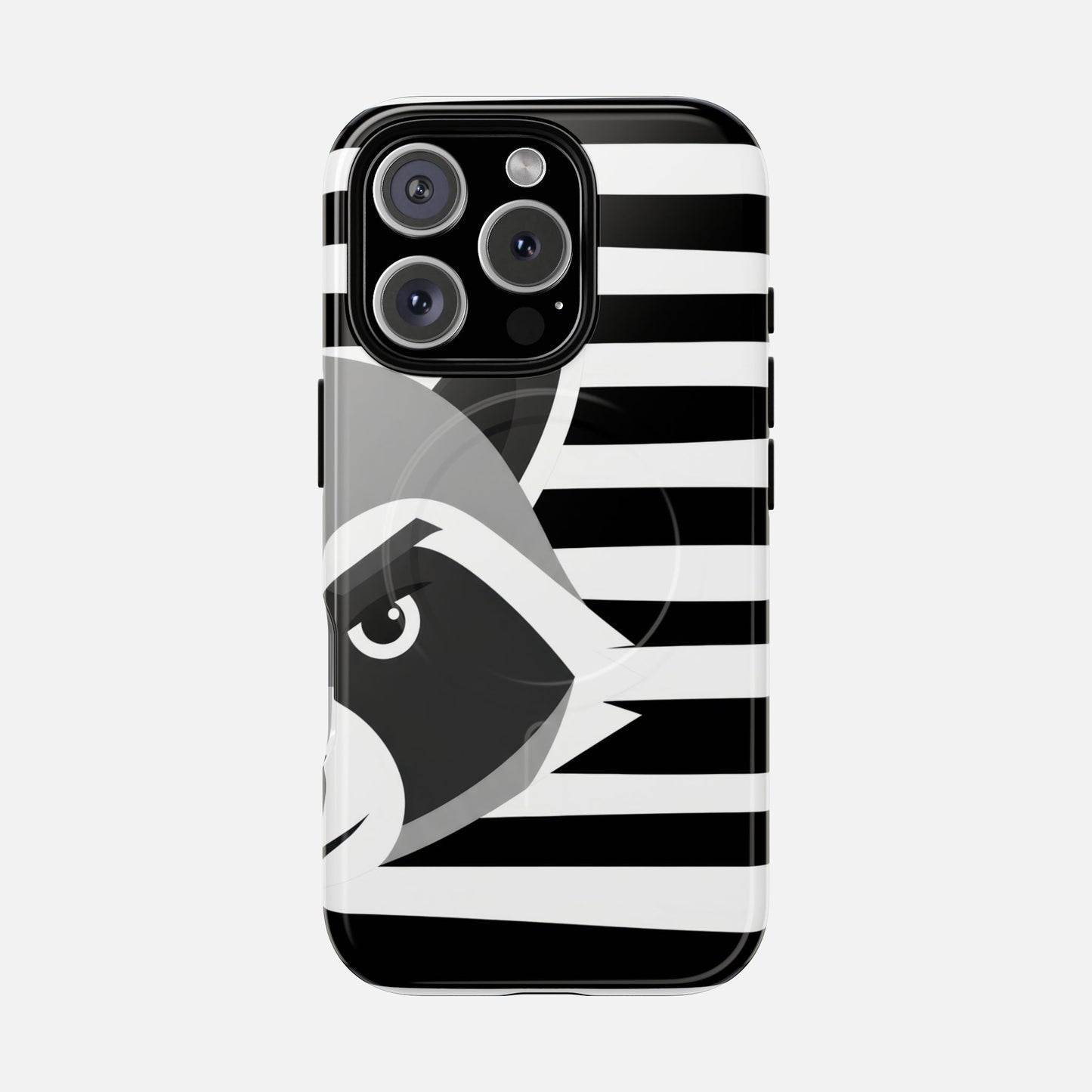 Raccoon Stripe Tough Magnetic Phone Case — Black & White Animal Design iPhone 16 Pro Glossy Phone Case