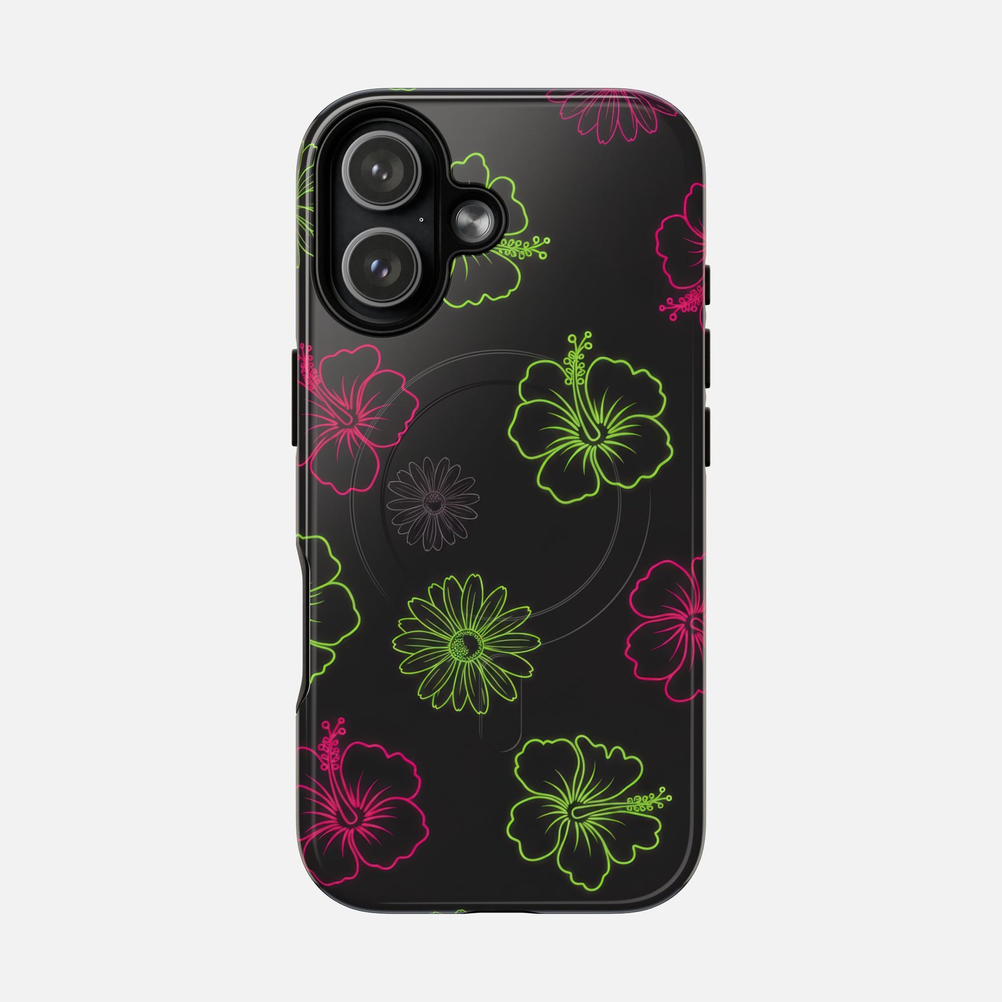 Neon Hibiscus Tough Magnetic Phone Case — Tropical Floral Protective Cover iPhone 17 Glossy Phone Case