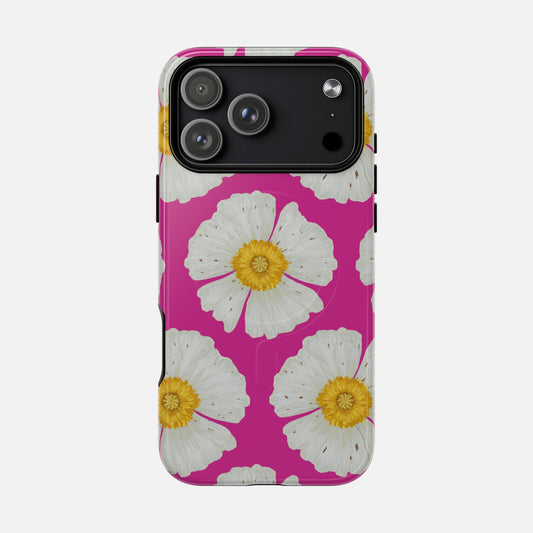 Phone case with white and yellow daisy flowers on a bright pink background