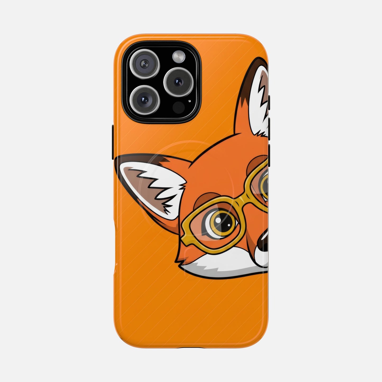 Cute fox with glasses phone case, orange background, creative design for iPhone