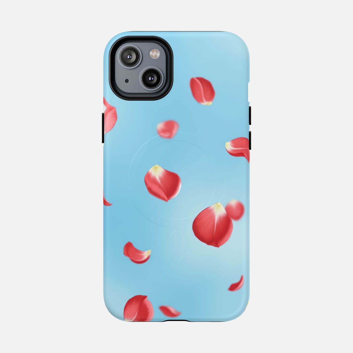 Light blue phone case with floating red rose petals, stylish floral design for iPhone