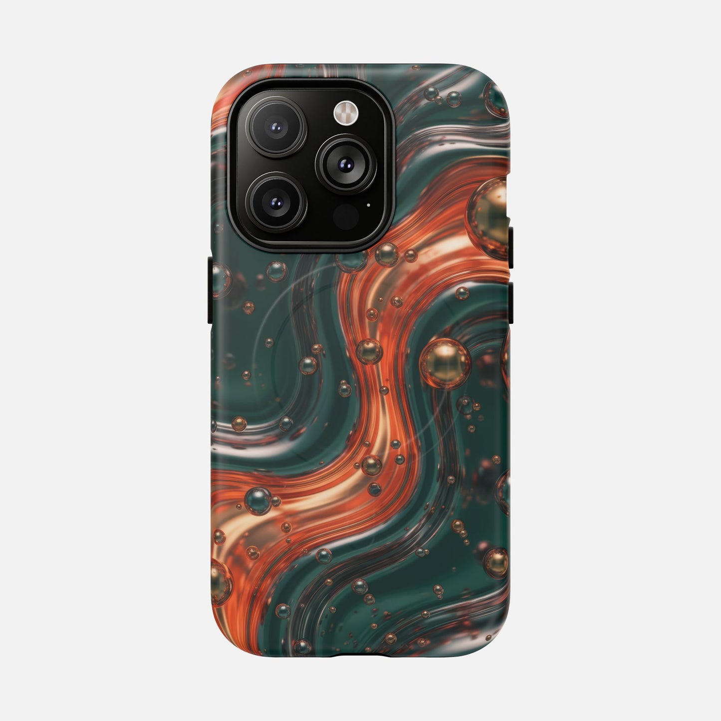 Magnetic Phone Case — Emerald & Copper Liquid Swirl Protective Cover iPhone 14 Pro Matte Phone Case