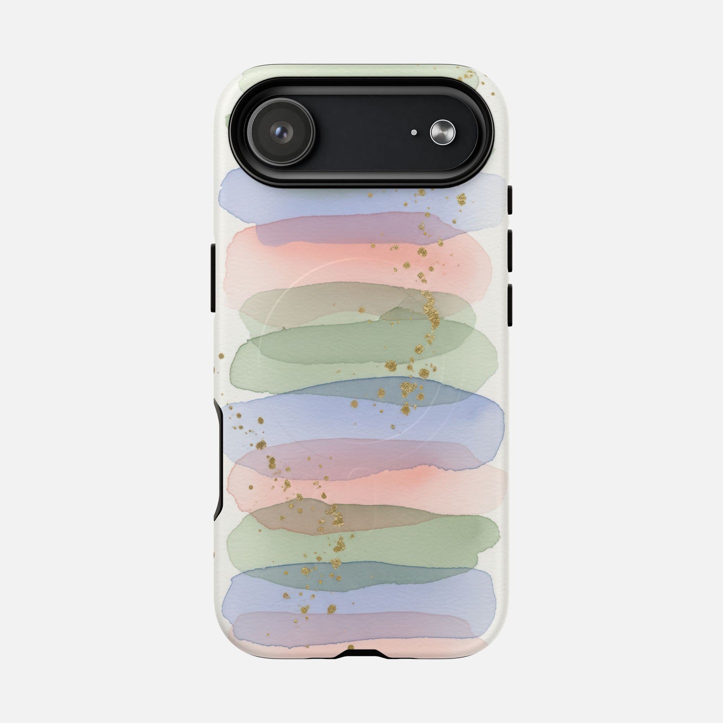 Pastel watercolor phone case with gold glitter, modern abstract design for iPhone