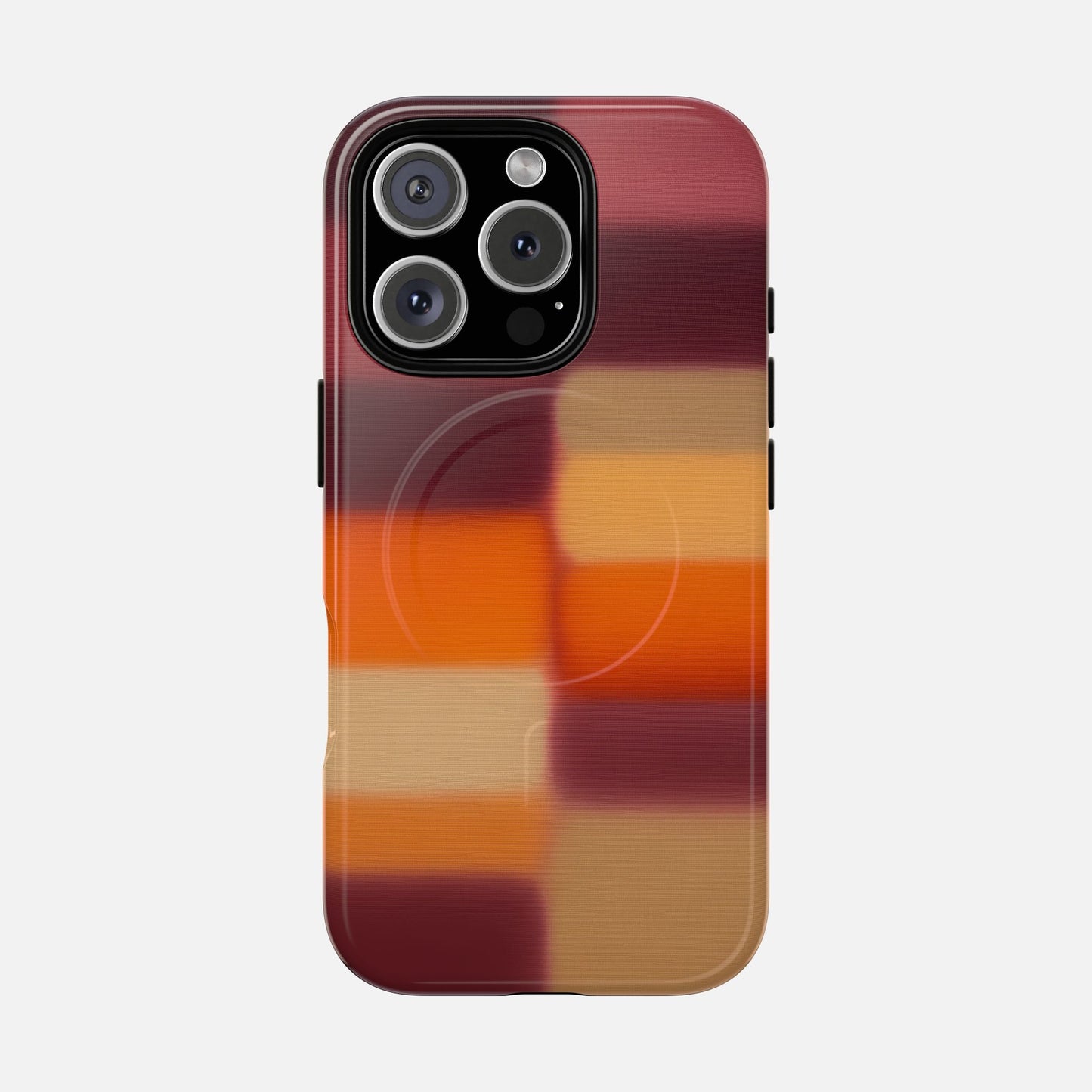 iPhone case with vibrant gradient stripes in red, orange, and tan, featuring modern design and camera cutout