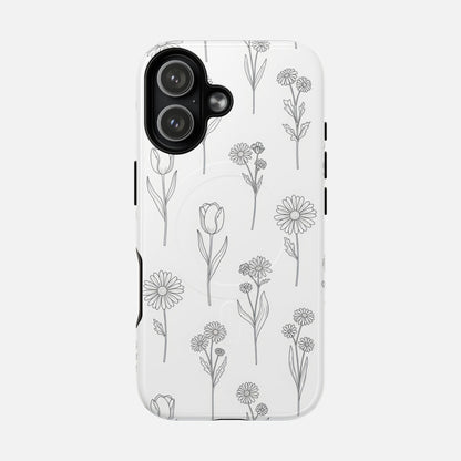 Floral Sketch Tough Magnetic Phone Case — Minimal Black Line Flower Design iPhone 17 Glossy Phone Case