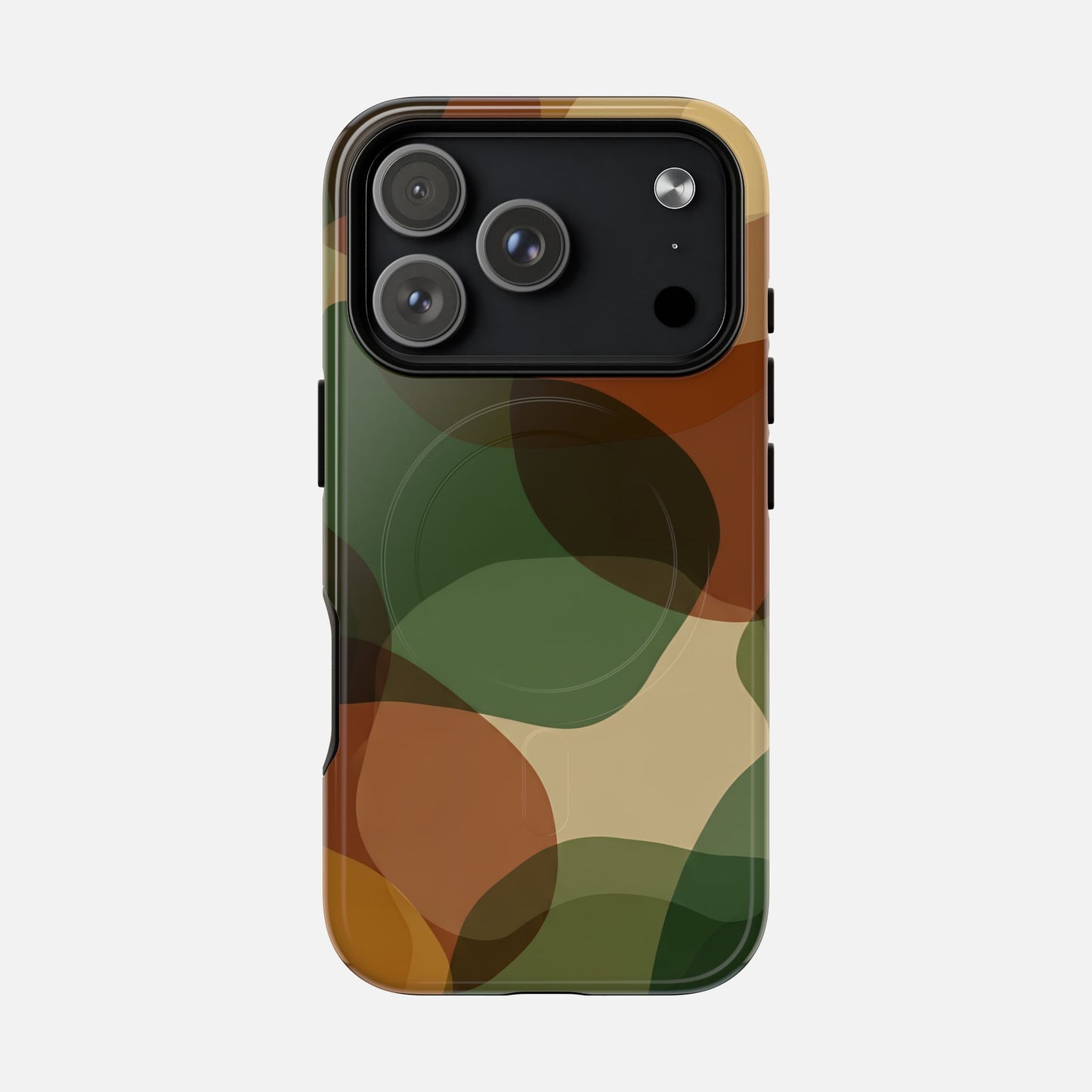 Camouflage phone case with green, brown, and tan abstract pattern for iPhone