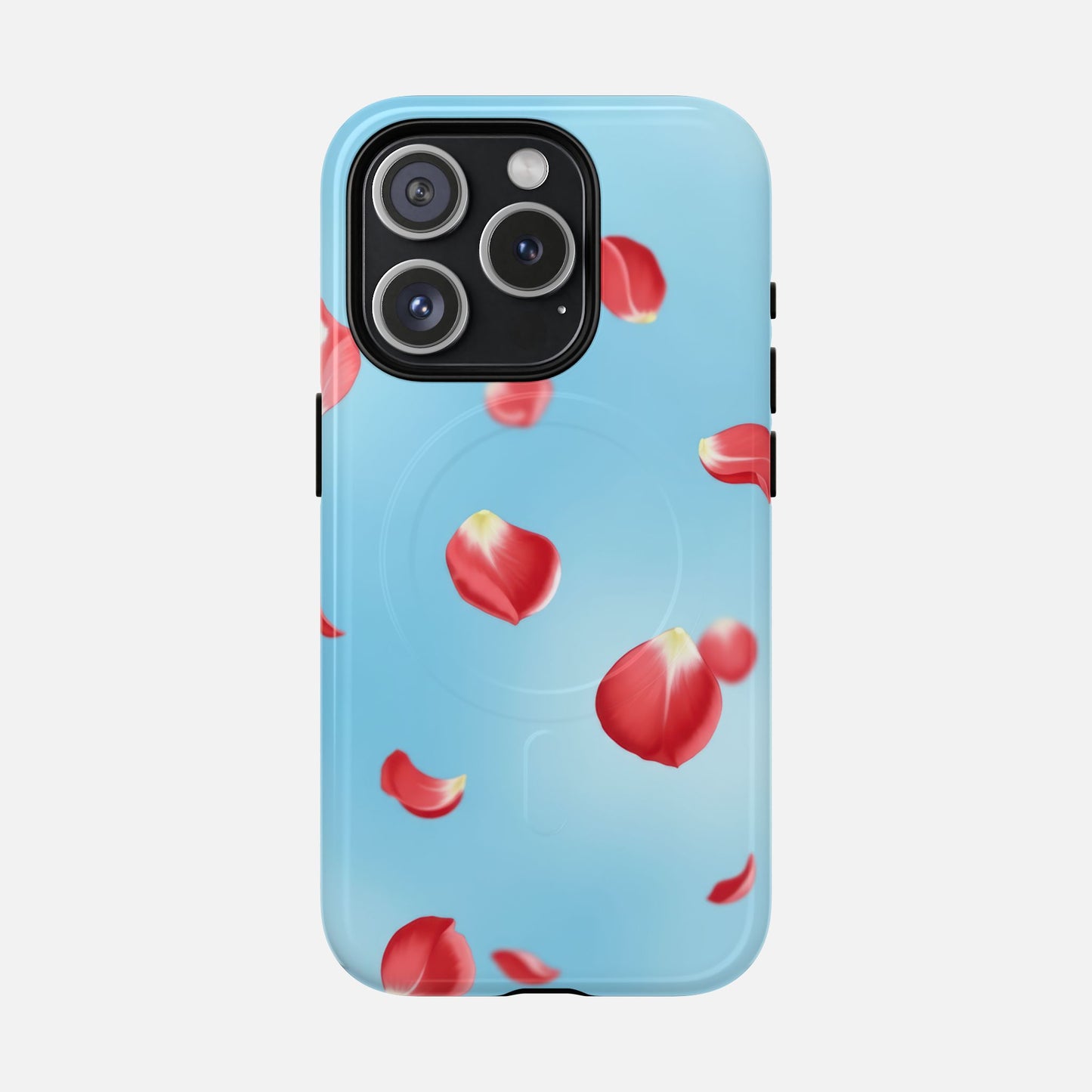 Light blue phone case with red rose petals design, compatible with iPhone Pro models