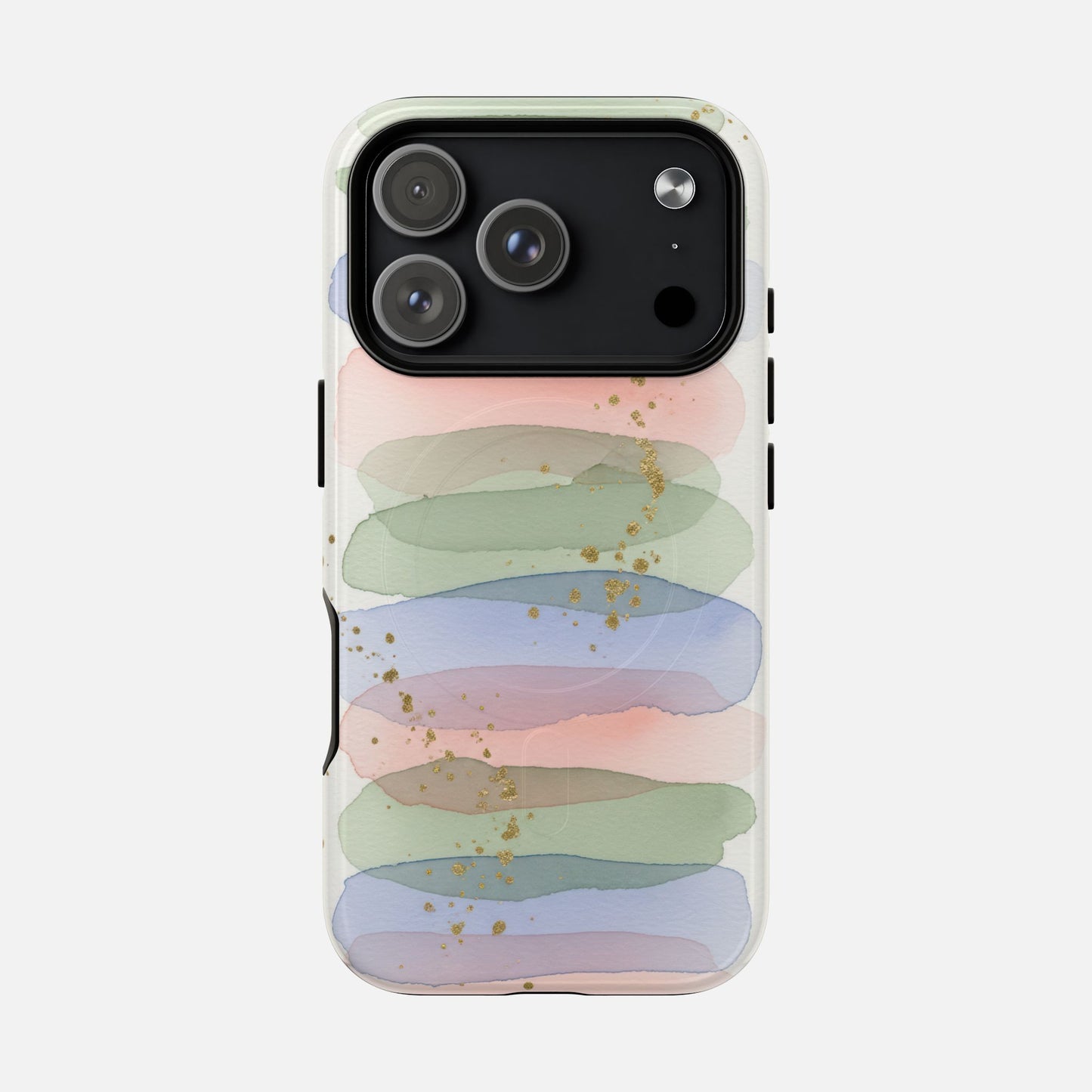 Pastel watercolor phone case with gold glitter, modern abstract design for iPhone