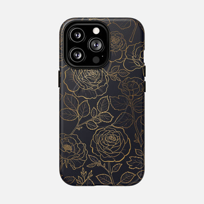Floral Gold Outline Tough Magnetic Case — Elegant Black Rose Phone Cover iPhone 13 Pro Matte Phone Case