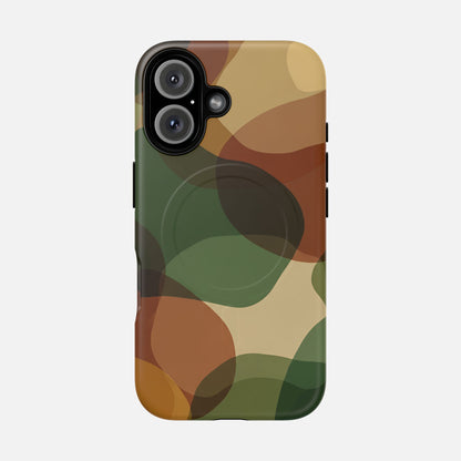 Camouflage phone case with green, brown, and tan pattern for iPhone protection