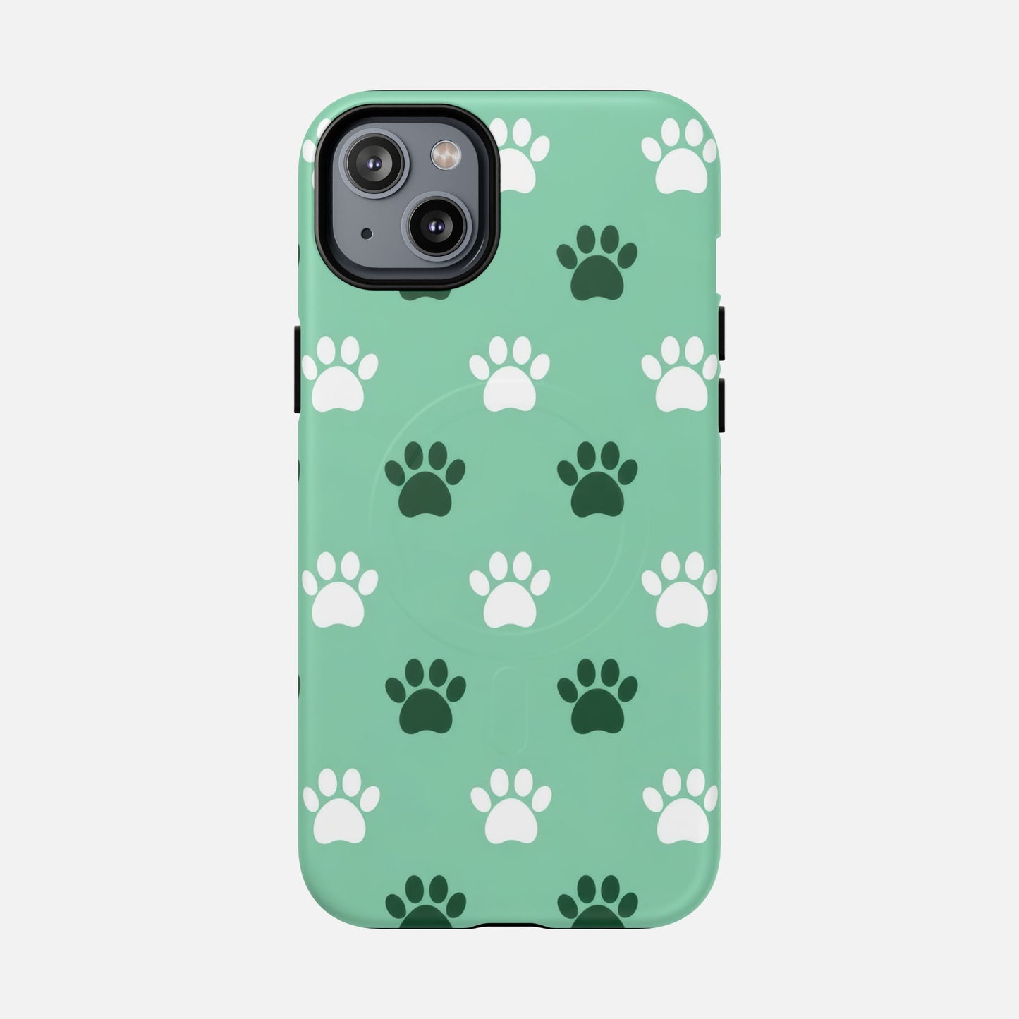 Mint green phone case with white and dark green paw print pattern, fits iPhone with dual camera