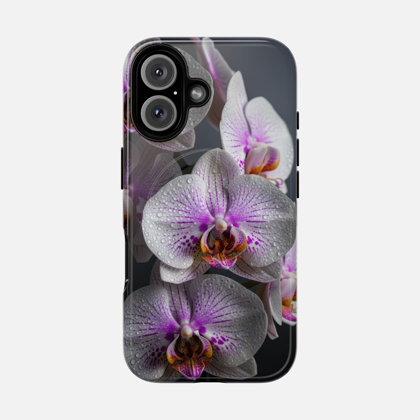 Orchid Bloom Tough Magnetic Phone Case — Waterdrop Floral Protection iPhone 16 Glossy Phone Case