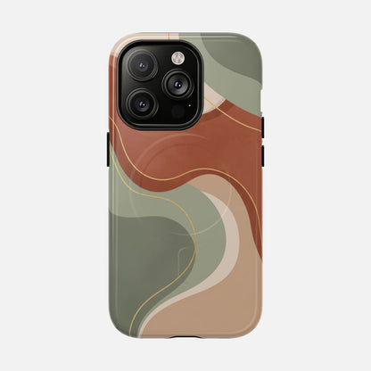 iPhone case with abstract wavy design in earthy tones and gold lines, modern phone protection