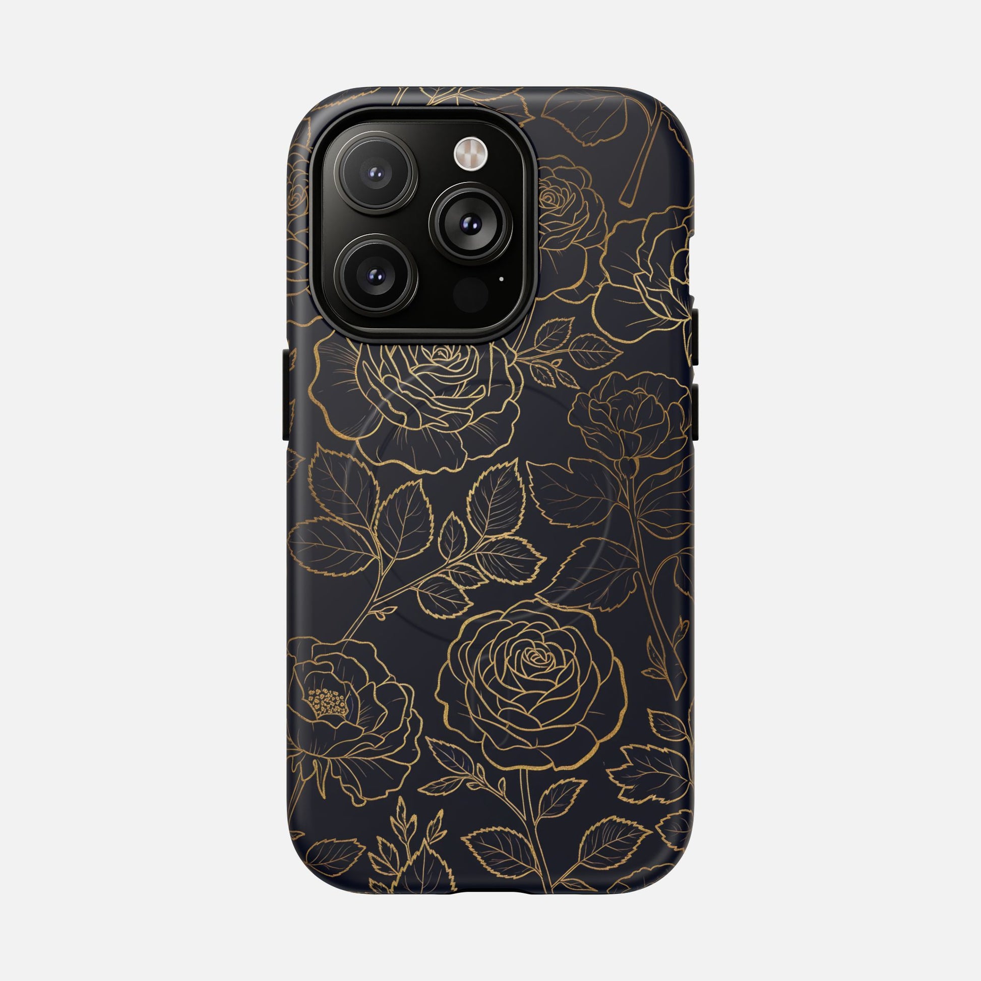 Floral Gold Outline Tough Magnetic Case — Elegant Black Rose Phone Cover iPhone 14 Pro Matte Phone Case