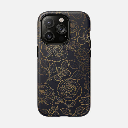 Floral Gold Outline Tough Magnetic Case — Elegant Black Rose Phone Cover iPhone 14 Pro Matte Phone Case
