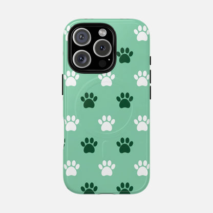 Mint green phone case with white and dark green paw print pattern, fits iPhone Pro models
