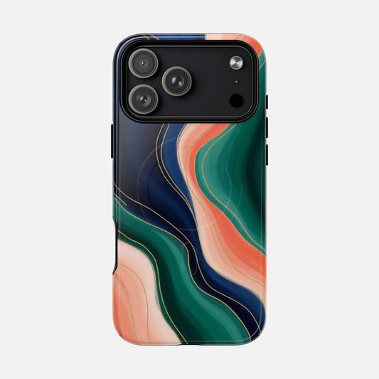 Colorful abstract wavy pattern phone case with navy, green, peach, and gold accents