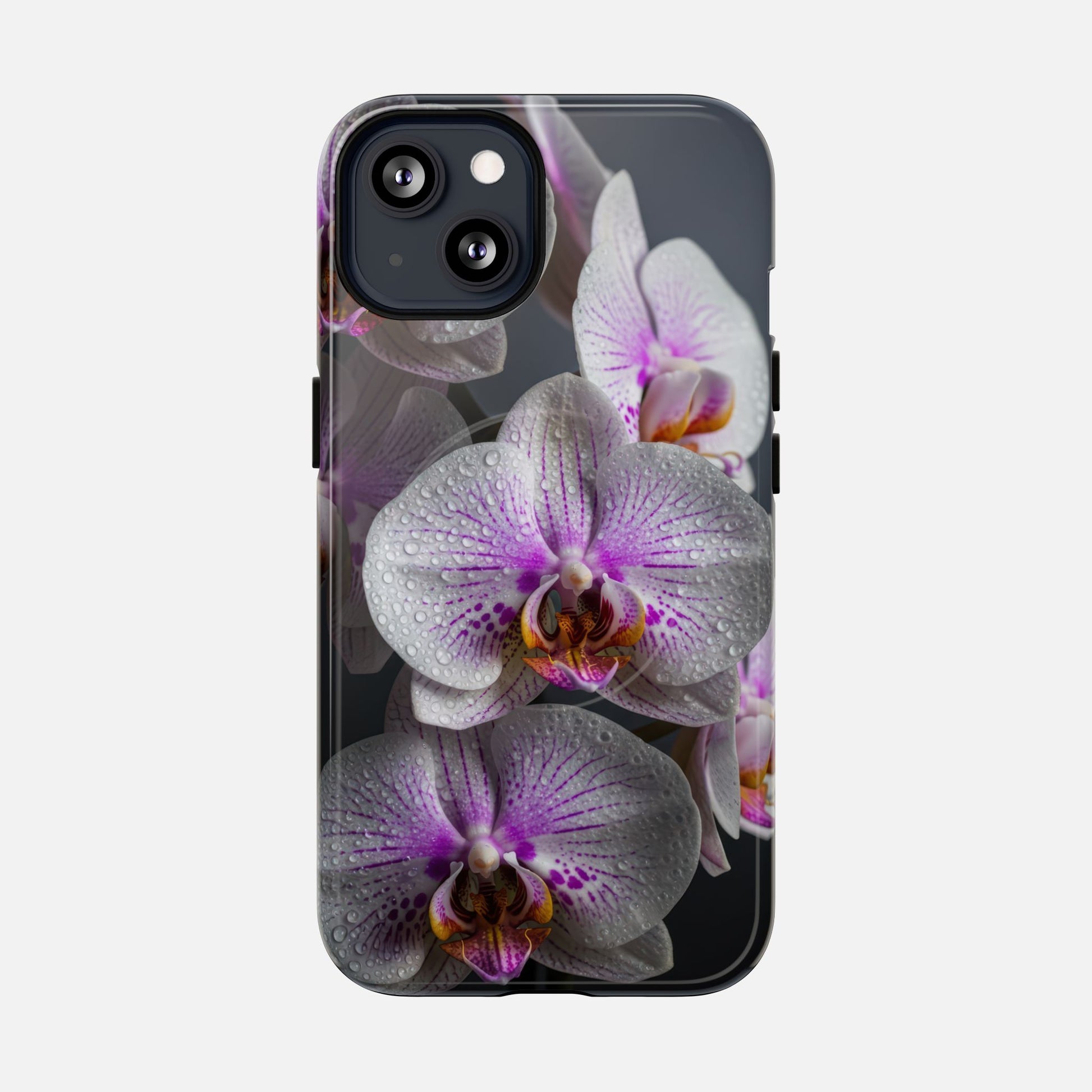 Orchid Bloom Tough Magnetic Phone Case — Waterdrop Floral Protection iPhone 13 Glossy Phone Case