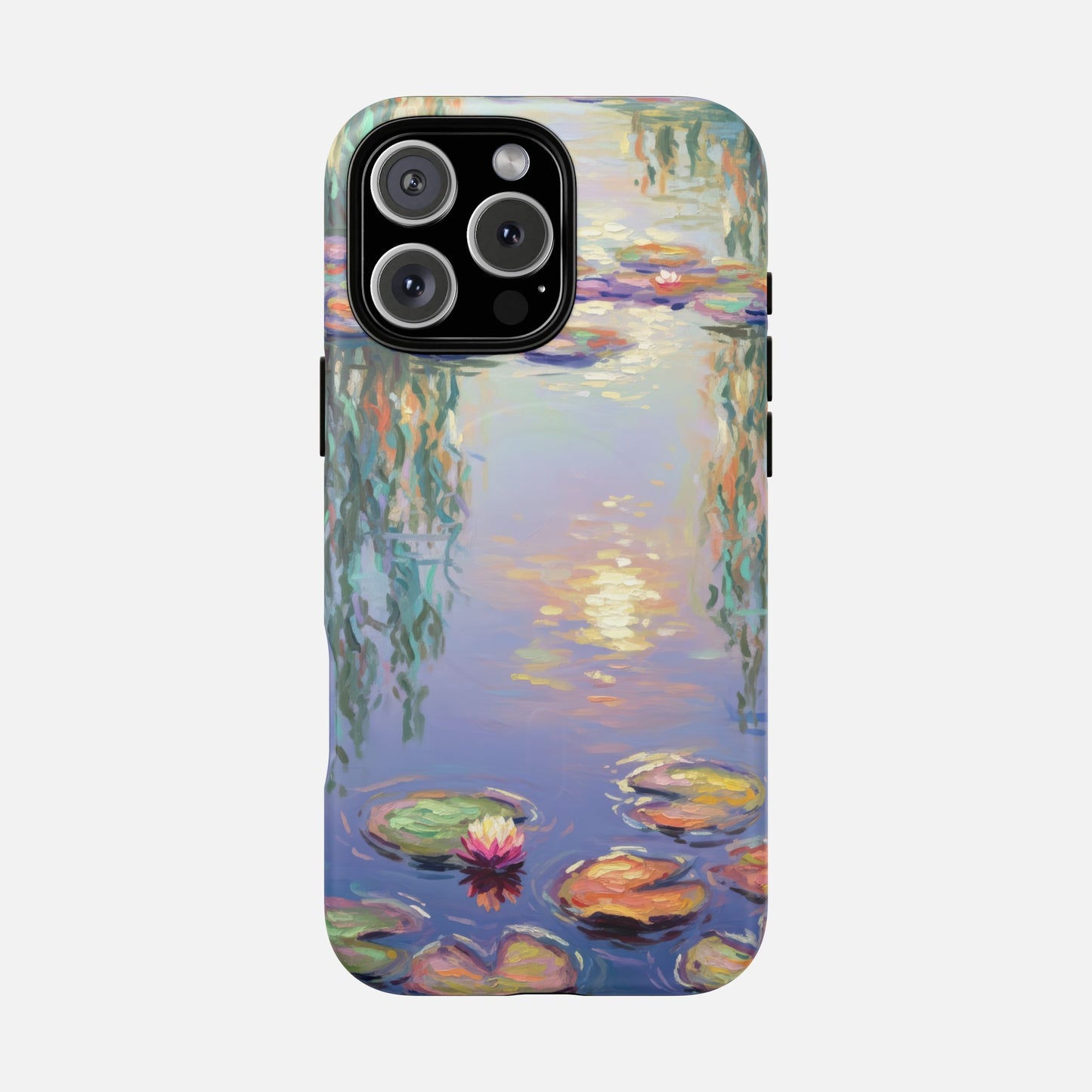Phone case with Monet-style water lilies painting, artistic design for iPhone
