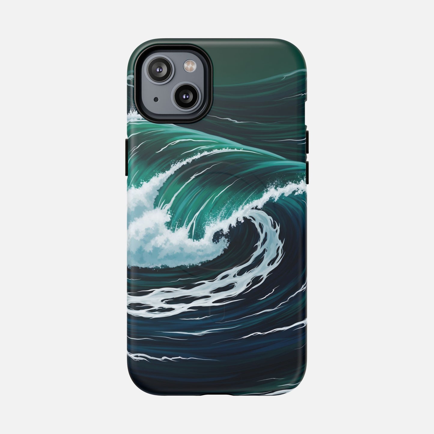Ocean wave phone case with teal and navy surf design, protective cover for iPhone