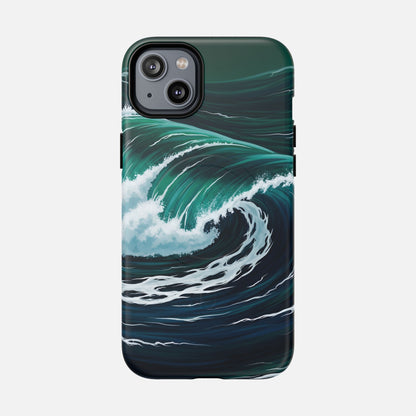 Ocean wave phone case with teal and navy surf design, protective cover for iPhone