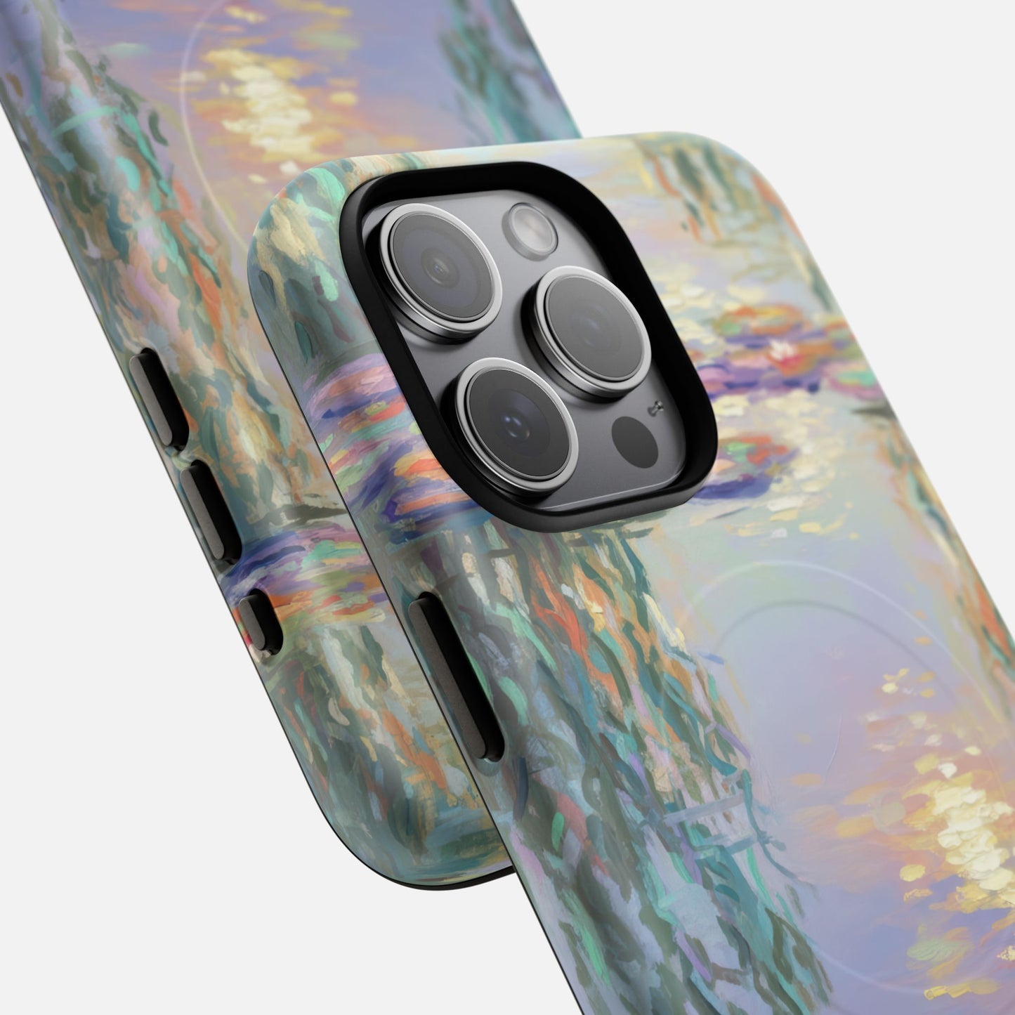 iPhone case with colorful water lily painting design, artistic phone protection