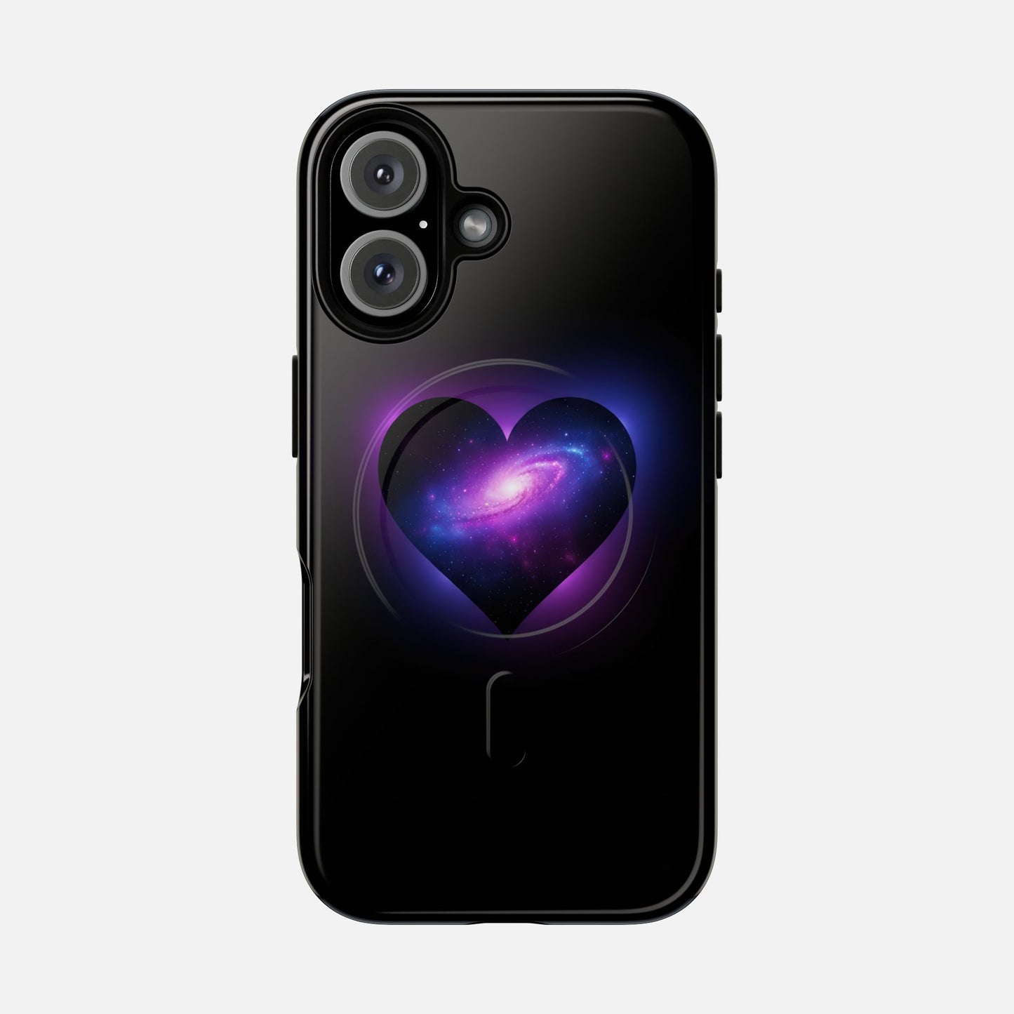 Galaxy Heart Tough Magnetic Phone Case — Magnetic Protective iPhone Cover with Purple Nebula Design iPhone 16 Glossy Phone Case