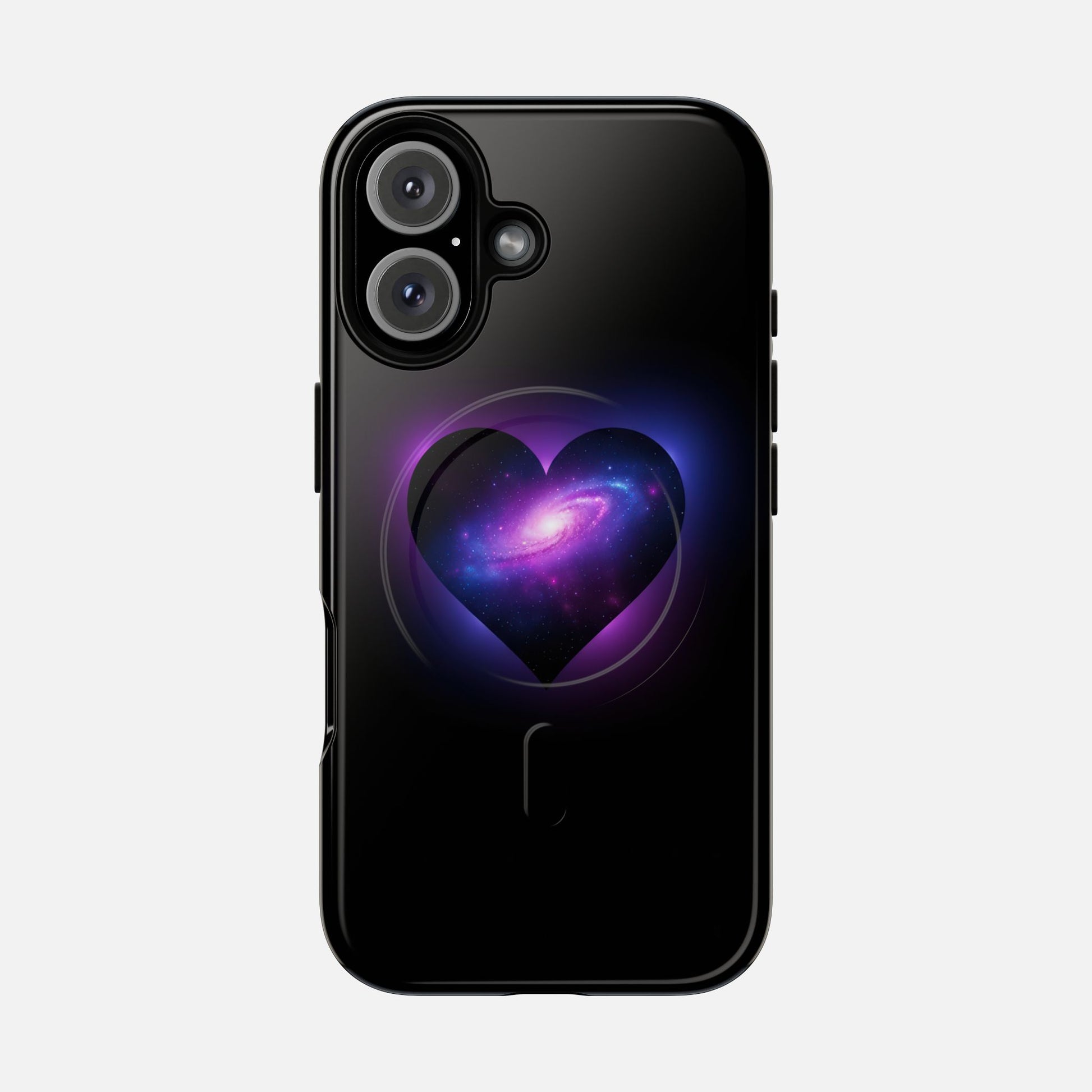 Galaxy Heart Tough Magnetic Phone Case — Magnetic Protective iPhone Cover with Purple Nebula Design iPhone 16 Glossy Phone Case