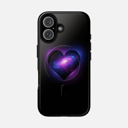 Galaxy Heart Tough Magnetic Phone Case — Magnetic Protective iPhone Cover with Purple Nebula Design iPhone 16 Glossy Phone Case
