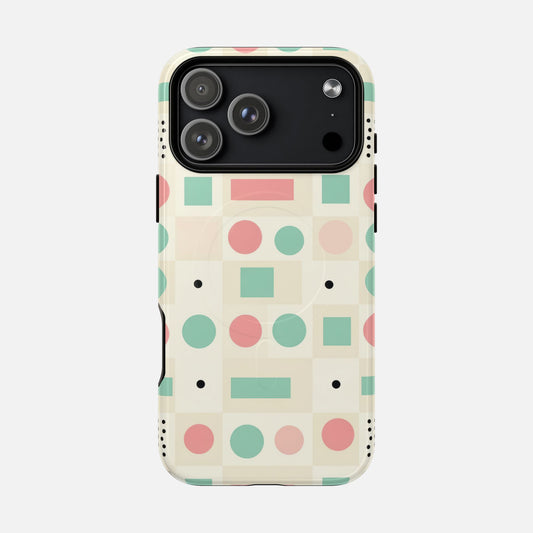 Retro Geometric Phone Case — Pastel Circles & Squares Magnetic Tough Case iPhone 17 Pro Max Glossy Phone Case
