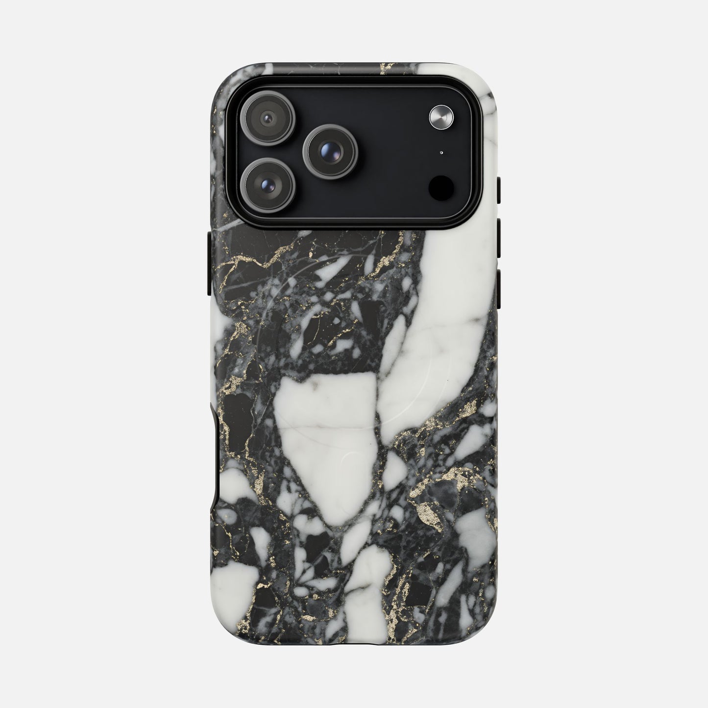 Black and white marble pattern phone case with gold accents, modern protective design