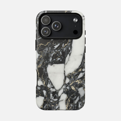 Black and white marble pattern phone case with gold accents, modern protective design