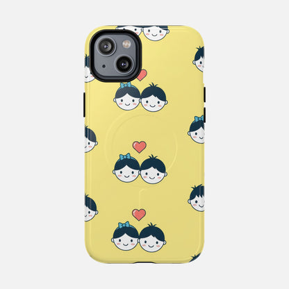Cute Couple Pattern Yellow Heart-Faced Duo Design iPhone Case — Tough Magnetic | MagSafe Compatible