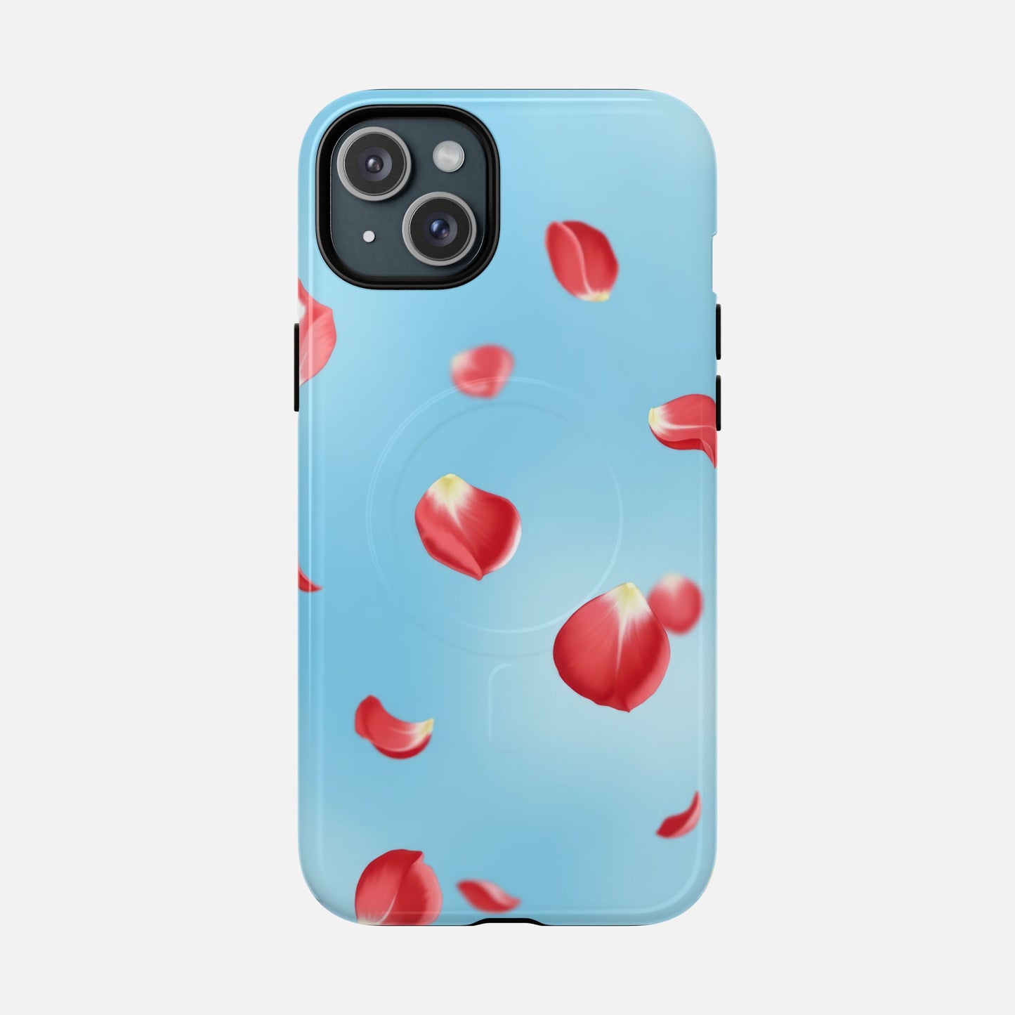 Light blue phone case with red rose petals design, modern floral pattern for iPhone