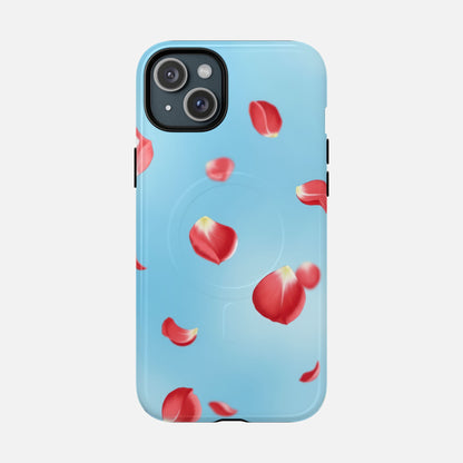 Light blue phone case with red rose petals design, modern floral pattern for iPhone