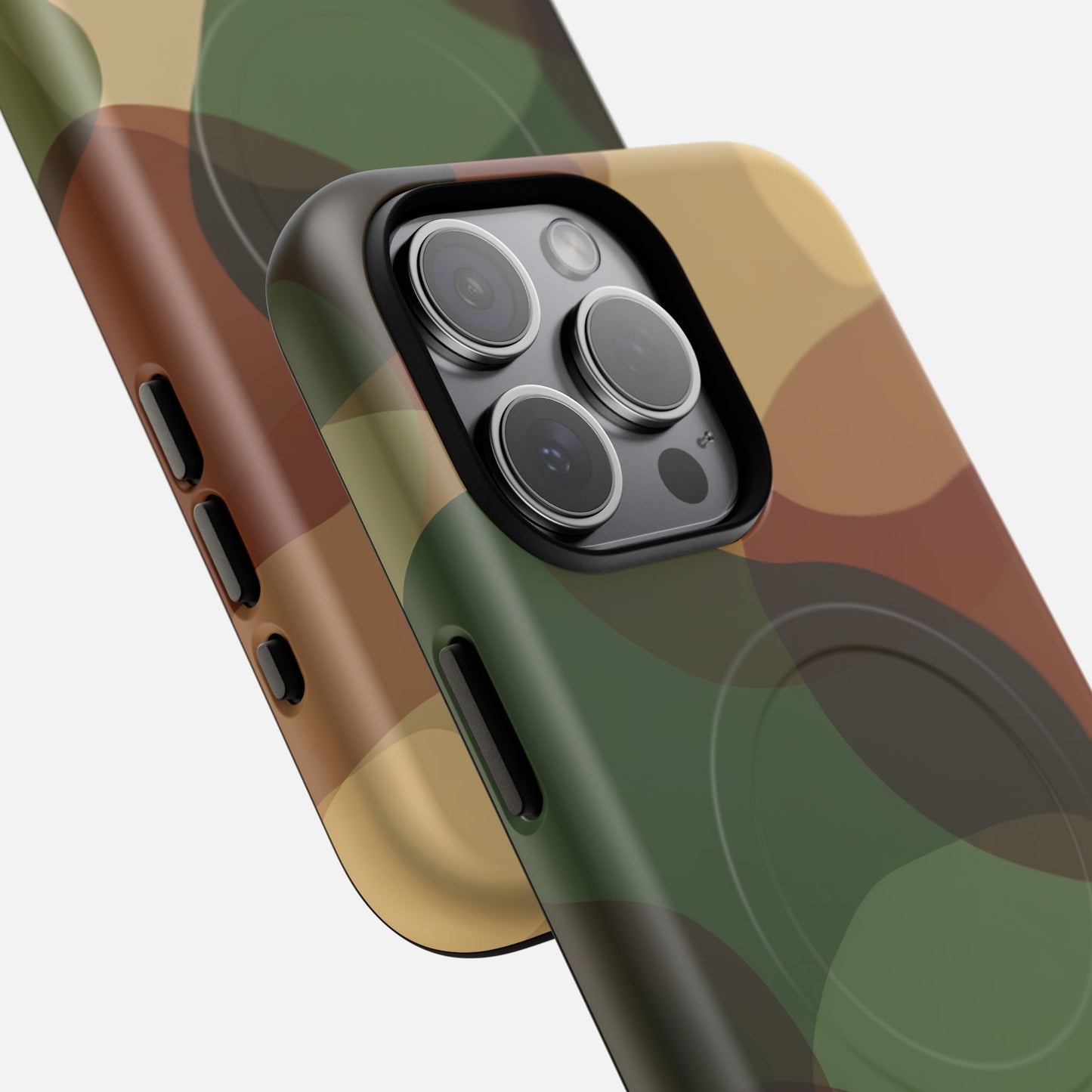 Camouflage phone case with green, brown, and tan pattern, designed for iPhone Pro camera cutout