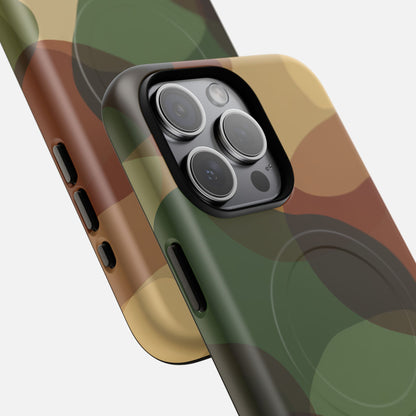 Camouflage phone case with green, brown, and tan pattern, designed for iPhone Pro camera cutout