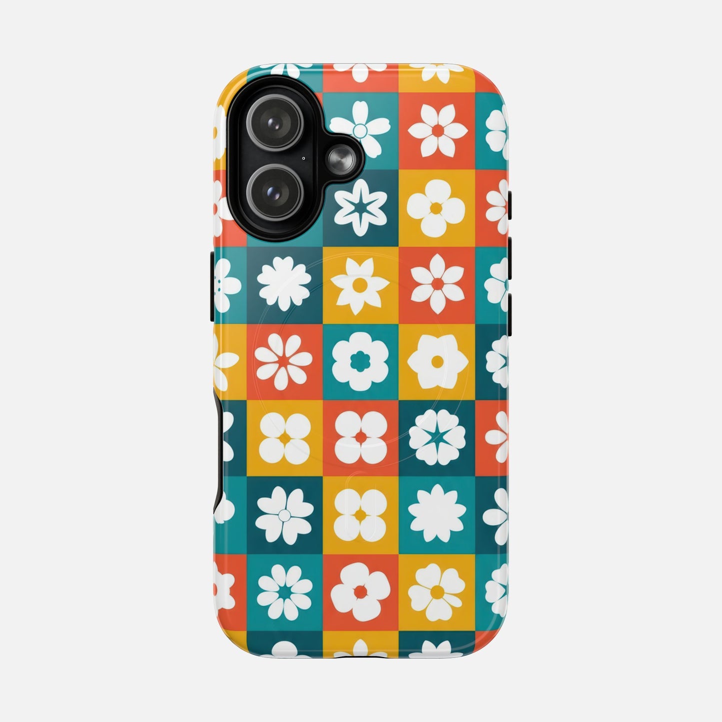 Floral Checkerboard Retro Color Block iPhone Case — Tough Magnetic | MagSafe Compatible