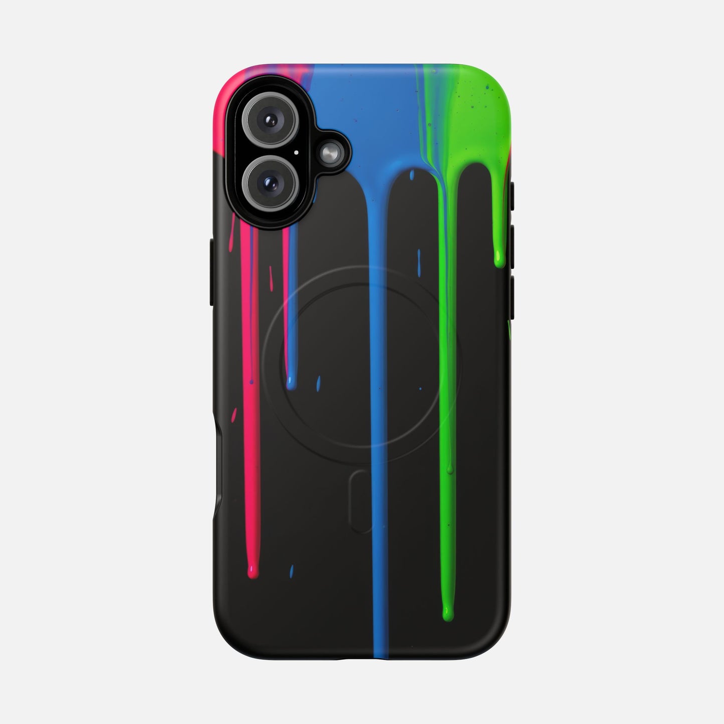 Neon Drip Tough Magnetic Case – Black Phone Cover with Bright Pink, Blue & Green Paint Drips iPhone 16 Plus Matte Phone Case