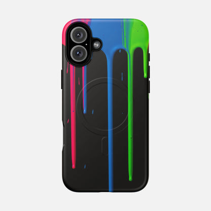 Neon Drip Tough Magnetic Case – Black Phone Cover with Bright Pink, Blue & Green Paint Drips iPhone 16 Plus Matte Phone Case