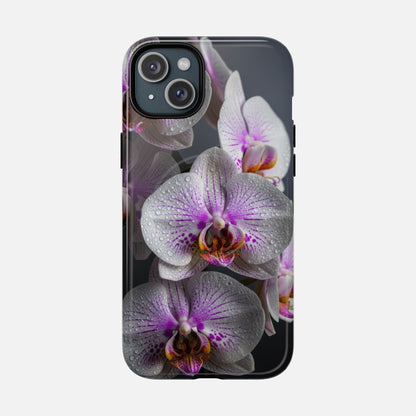 Orchid Bloom Tough Magnetic Phone Case — Waterdrop Floral Protection iPhone 15 Plus Glossy Phone Case